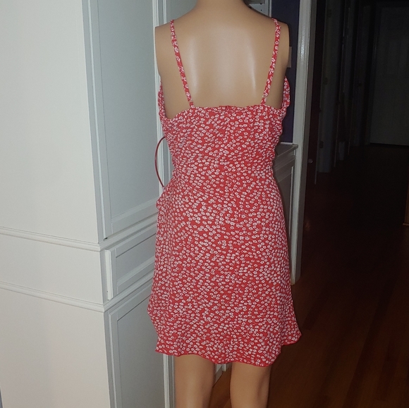 Red Ditsy Floral Ruffle Hem Knot Zipper Midi Summer Dress MEDIUM - Picture 5 of 16